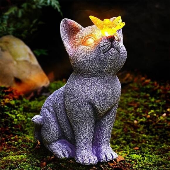 Solar Cat Garden Statue - Outdoor Cat Statue with Solar Butterfly - Picture 8 of 8